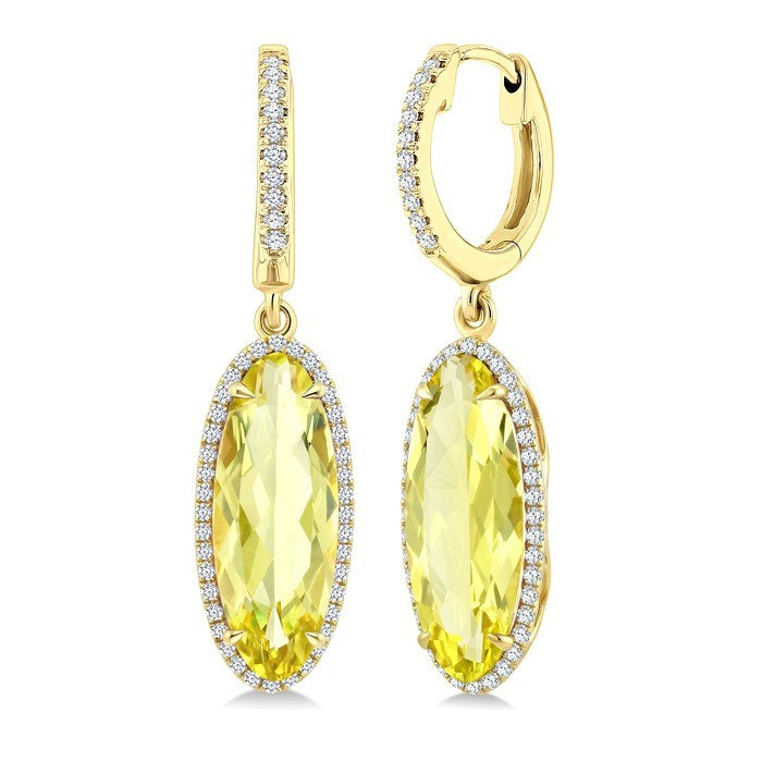 16X6 MM Evoque Gemstones Oval Shape Lemon Quartz and 3/8 Ctw Round Cut Diamond Semi-Precious Earrings in 14K Yellow Gold