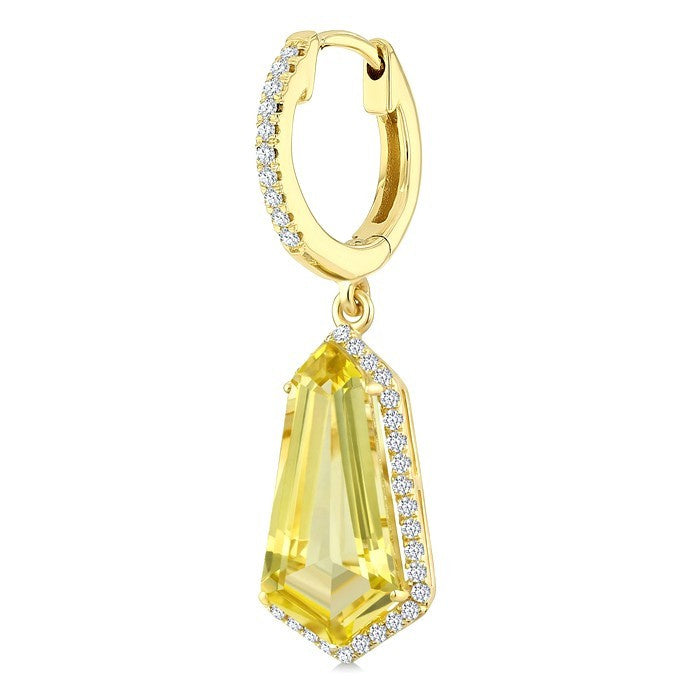 14X7 MM Evoque Gemstones Shield Shape Lemon Quartz and 3/8 Ctw Round Cut Diamond Semi-Precious Earrings in 14K Yellow Gold