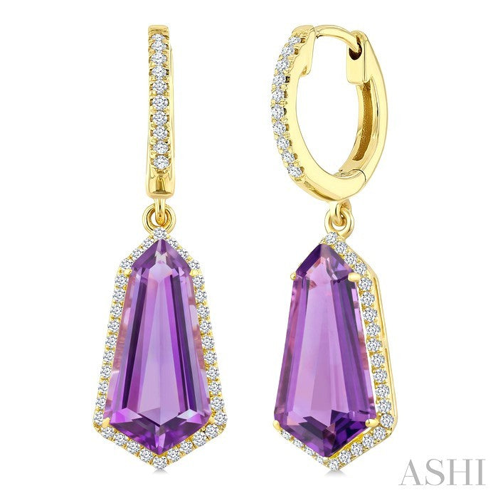 14X7 MM Evoque Gemstones Shield Shape Amethyst and 3/8 Ctw Round Cut Diamond Semi-Precious Earrings in 14K Yellow Gold