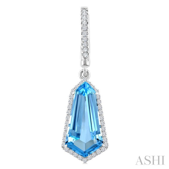 14X7 MM Evoque Gemstones Shield Shape Blue Topaz and 3/8 Ctw Round Cut Diamond Semi-Precious Earrings in 14K White Gold