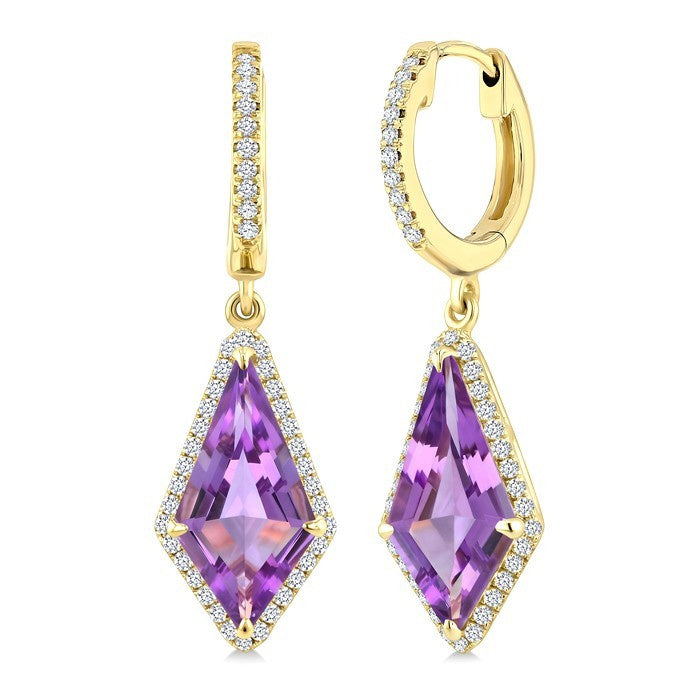 14X7 MM Evoque Gemstones Kite Shape Amethyst and 1/3 Ctw Round Cut Diamond Semi-Precious Earrings in 14K Yellow Gold