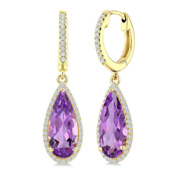 14X6 MM Evoque Gemstones Pear Shape Amethyst and 1/3 Ctw Round Cut Diamond Semi-Precious Earrings in 14K Yellow Gold