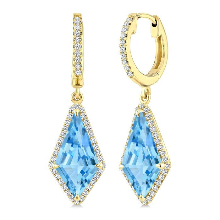 14X7 MM Evoque Gemstones Kite Shape Blue Topaz and 1/3 Ctw Round Cut Diamond Semi-Precious Earrings in 14K Yellow Gold