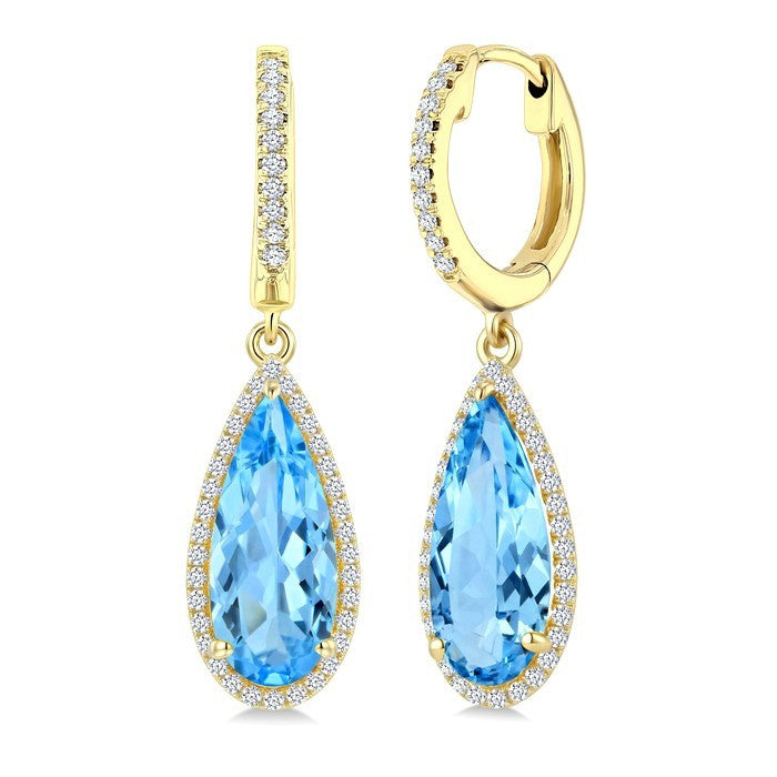 14X6 MM Evoque Gemstones Pear Shape Blue Topaz and 1/3 Ctw Round Cut Diamond Semi-Precious Earrings in 14K Yellow Gold