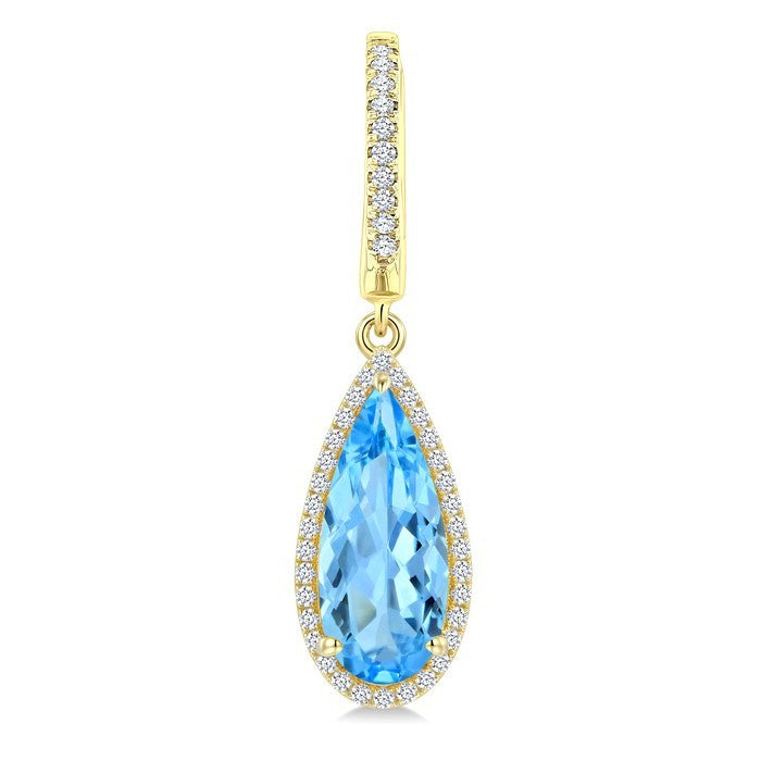 14X6 MM Evoque Gemstones Pear Shape Blue Topaz and 1/3 Ctw Round Cut Diamond Semi-Precious Earrings in 14K Yellow Gold