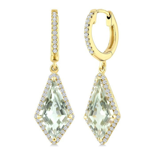 14X7 MM Evoque Gemstones Kite Shape Green Amethyst and 1/3 Ctw Round Cut Diamond Semi-Precious Earrings in 14K Yellow Gold