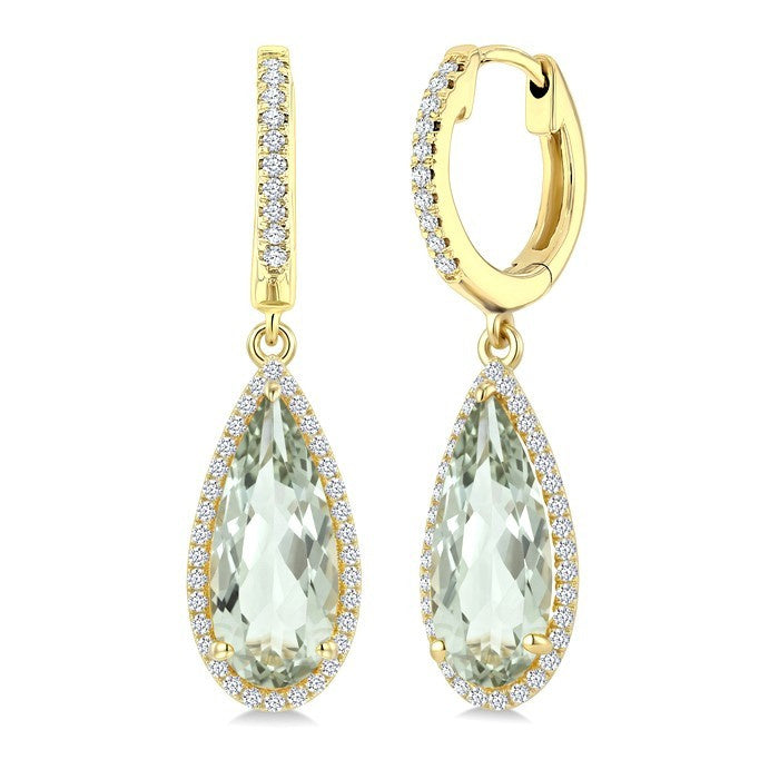 14X6 MM Evoque Gemstones Pear Shape Green Amethyst and 1/3 Ctw Round Cut Diamond Semi-Precious Earrings in 14K Yellow Gold