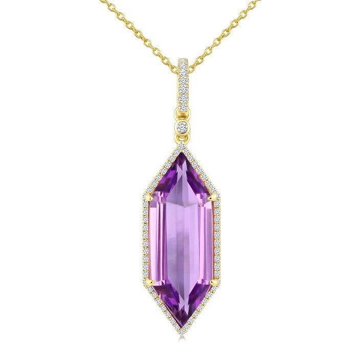 22X8 MM Evoque Gemstones Hexagon Shape Amethyst and 1/4 Ctw Round Cut Diamond Semi-Precious Pendant With Chain in 14K Yellow Gold