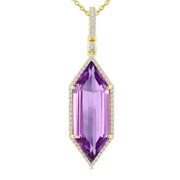 22X8 MM Evoque Gemstones Hexagon Shape Amethyst and 1/4 Ctw Round Cut Diamond Semi-Precious Pendant With Chain in 14K Yellow Gold
