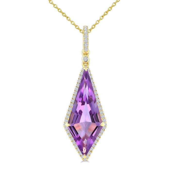 22X9 MM Evoque Gemstones Kite Shape Amethyst and 1/4 Ctw Round Cut Diamond Semi-Precious Pendant With Chain in 14K Yellow Gold