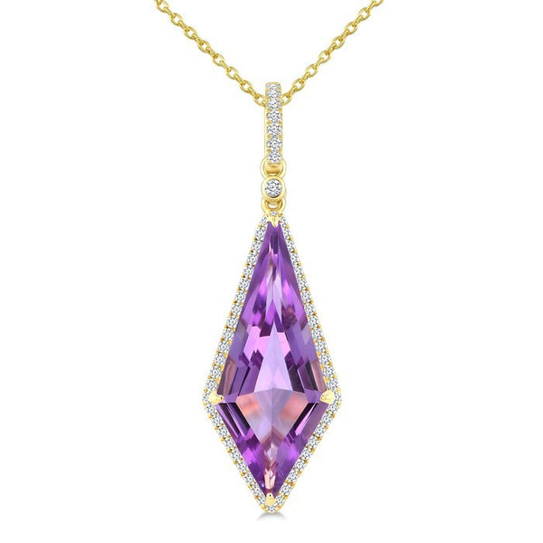 22X9 MM Evoque Gemstones Kite Shape Amethyst and 1/4 Ctw Round Cut Diamond Semi-Precious Pendant With Chain in 14K Yellow Gold