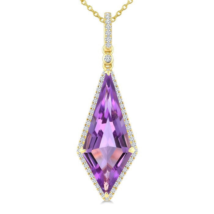 22X9 MM Evoque Gemstones Kite Shape Amethyst and 1/4 Ctw Round Cut Diamond Semi-Precious Pendant With Chain in 14K Yellow Gold
