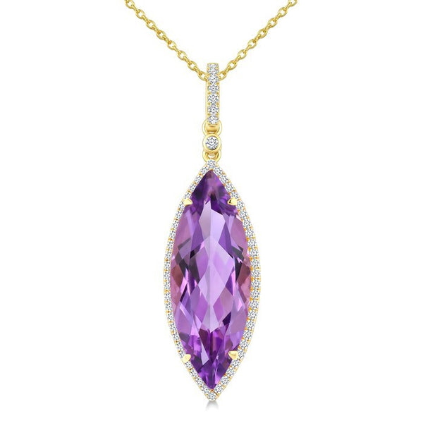 22X8 MM Evoque Gemstones Marquise Shape Amethyst and 1/4 Ctw Round Cut Diamond Semi-Precious Pendant With Chain in 14K Yellow Gold