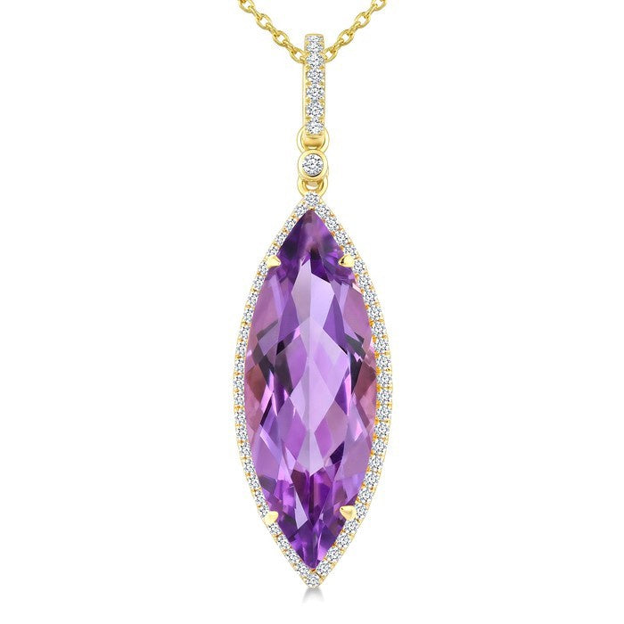 22X8 MM Evoque Gemstones Marquise Shape Amethyst and 1/4 Ctw Round Cut Diamond Semi-Precious Pendant With Chain in 14K Yellow Gold