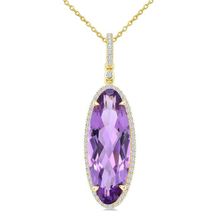22X8 MM Evoque Gemstones Oval Shape Amethyst and 1/4 Ctw Round Cut Diamond Semi-Precious Pendant With Chain in 14K Yellow Gold