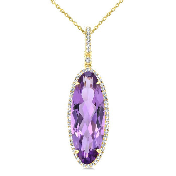 22X8 MM Evoque Gemstones Oval Shape Amethyst and 1/4 Ctw Round Cut Diamond Semi-Precious Pendant With Chain in 14K Yellow Gold
