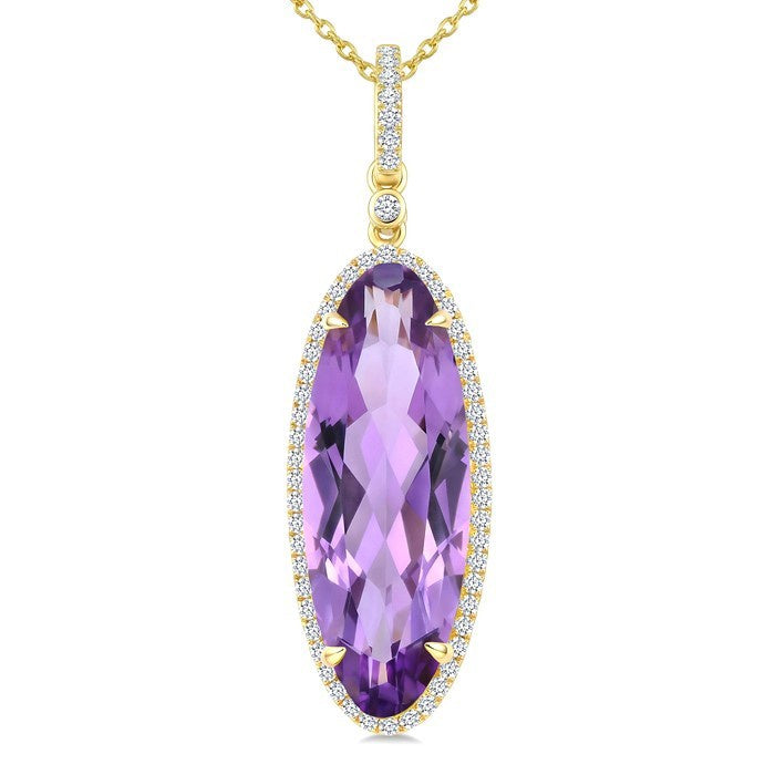 22X8 MM Evoque Gemstones Oval Shape Amethyst and 1/4 Ctw Round Cut Diamond Semi-Precious Pendant With Chain in 14K Yellow Gold