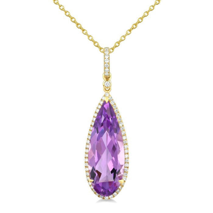 22X8 MM Evoque Gemstones Pear Shape Amethyst and 1/4 Ctw Round Cut Diamond Semi-Precious Pendant With Chain in 14K Yellow Gold
