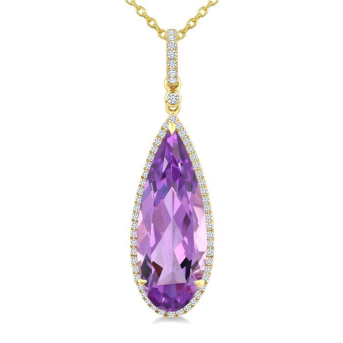 22X8 MM Evoque Gemstones Pear Shape Amethyst and 1/4 Ctw Round Cut Diamond Semi-Precious Pendant With Chain in 14K Yellow Gold