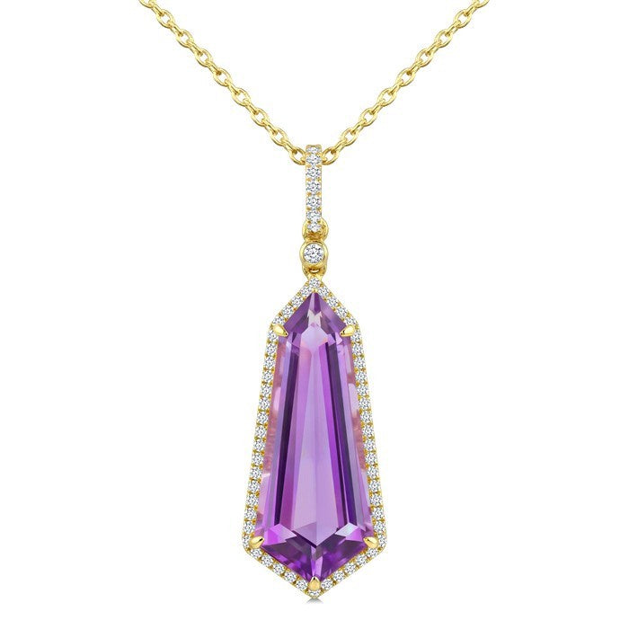 22X9 MM Evoque Gemstones Shield Shape Amethyst and 1/4 Ctw Round Cut Diamond Semi-Precious Pendant With Chain in 14K Yellow Gold