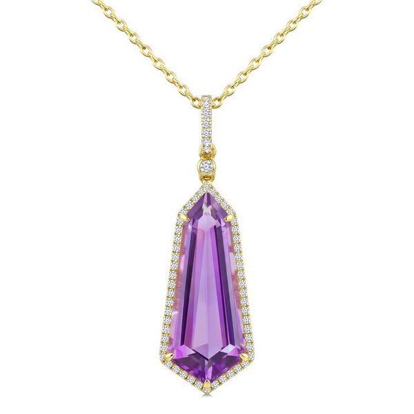 22X9 MM Evoque Gemstones Shield Shape Amethyst and 1/4 Ctw Round Cut Diamond Semi-Precious Pendant With Chain in 14K Yellow Gold
