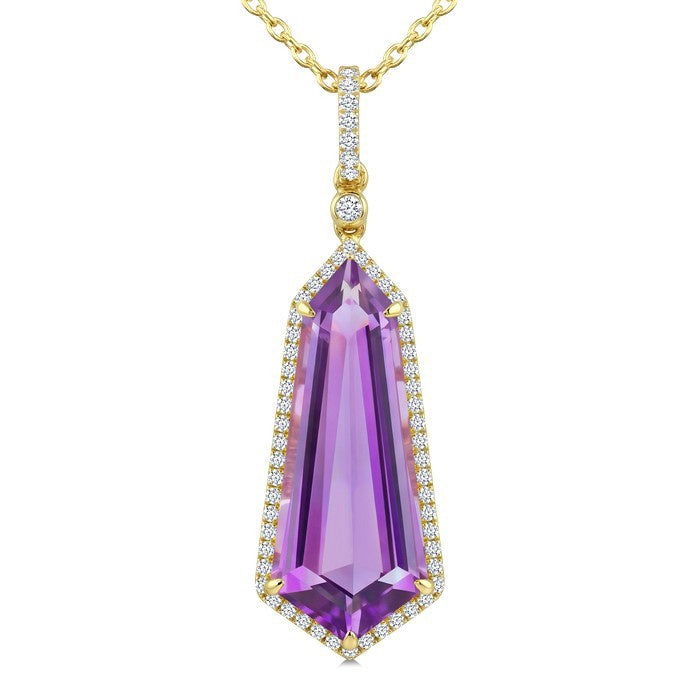 22X9 MM Evoque Gemstones Shield Shape Amethyst and 1/4 Ctw Round Cut Diamond Semi-Precious Pendant With Chain in 14K Yellow Gold