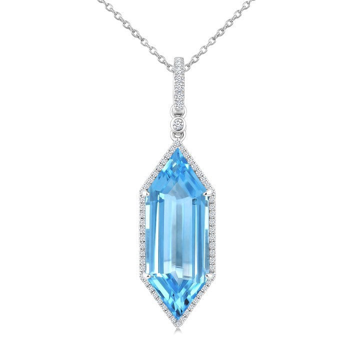 22X8 MM Evoque Gemstones Hexagon Shape Blue Topaz and 1/4 Ctw Round Cut Diamond Semi-Precious Pendant With Chain in 14K White Gold