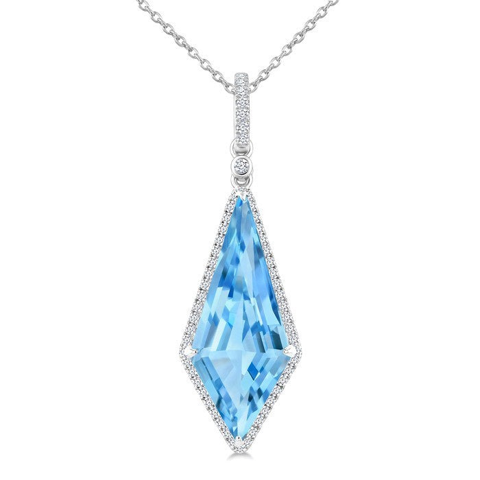 22X9 MM Evoque Gemstones Kite Shape Blue Topaz and 1/4 Ctw Round Cut Diamond Semi-Precious Pendant With Chain in 14K White Gold