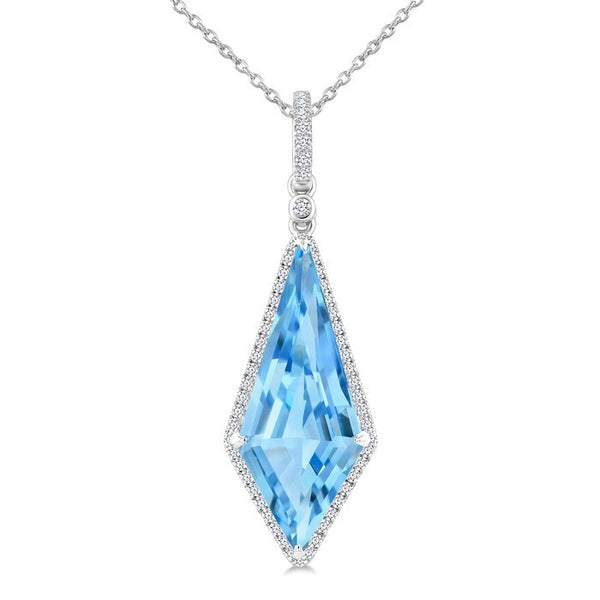 22X9 MM Evoque Gemstones Kite Shape Blue Topaz and 1/4 Ctw Round Cut Diamond Semi-Precious Pendant With Chain in 14K White Gold