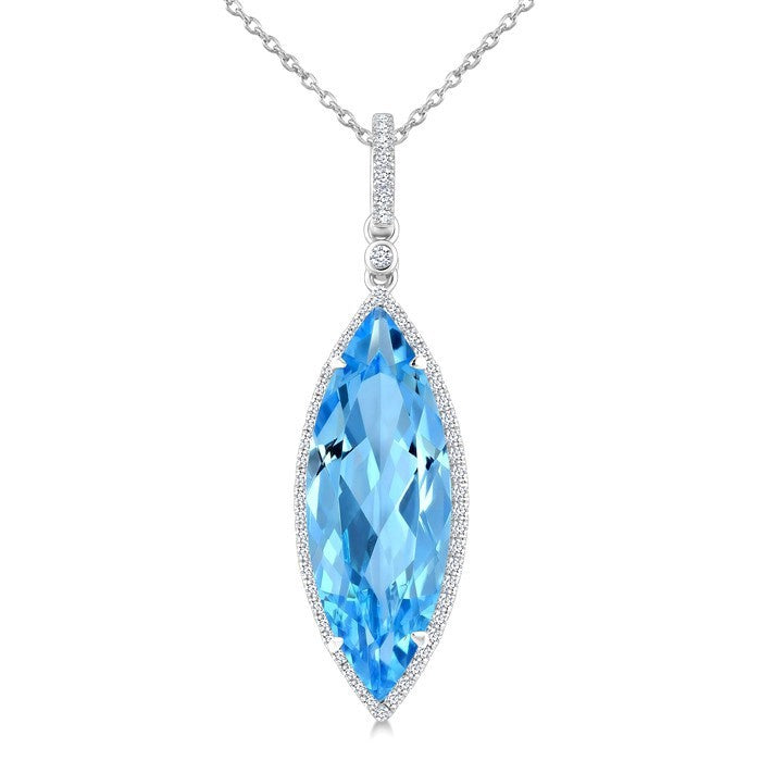 22X8 MM Evoque Gemstones Marquise Shape Blue Topaz and 1/4 Ctw Round Cut Diamond Semi-Precious Pendant With Chain in 14K White Gold