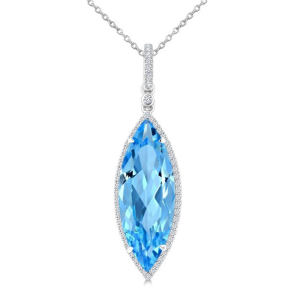 22X8 MM Evoque Gemstones Marquise Shape Blue Topaz and 1/4 Ctw Round Cut Diamond Semi-Precious Pendant With Chain in 14K White Gold