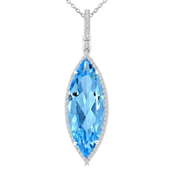 22X8 MM Evoque Gemstones Marquise Shape Blue Topaz and 1/4 Ctw Round Cut Diamond Semi-Precious Pendant With Chain in 14K White Gold