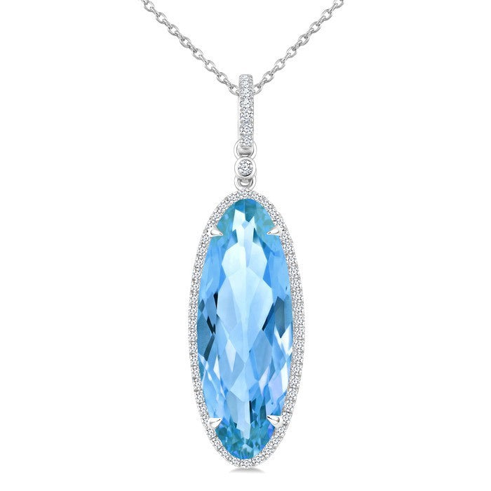 22X8 MM Evoque Gemstones Oval Shape Blue Topaz and 1/4 Ctw Round Cut Diamond Semi-Precious Pendant With Chain in 14K White Gold