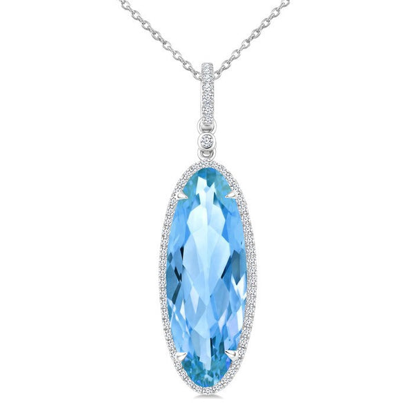 22X8 MM Evoque Gemstones Oval Shape Blue Topaz and 1/4 Ctw Round Cut Diamond Semi-Precious Pendant With Chain in 14K White Gold