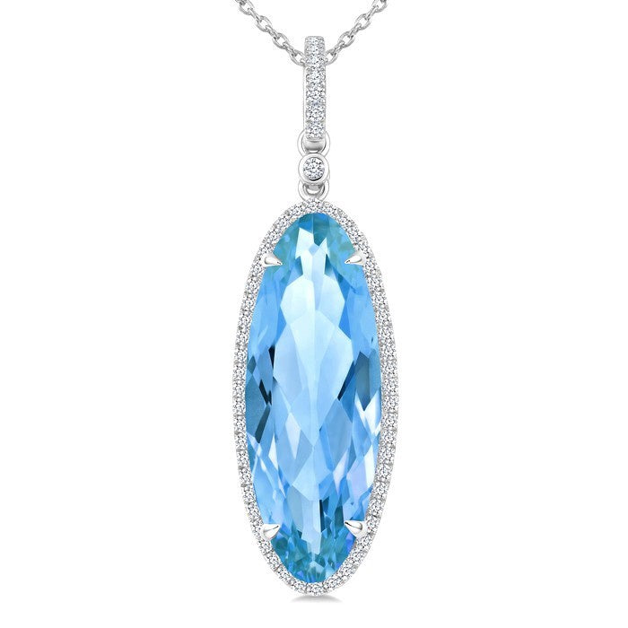 22X8 MM Evoque Gemstones Oval Shape Blue Topaz and 1/4 Ctw Round Cut Diamond Semi-Precious Pendant With Chain in 14K White Gold