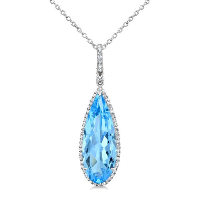 22X8 MM Evoque Gemstones Pear Shape Blue Topaz and 1/4 Ctw Round Cut Diamond Semi-Precious Pendant With Chain in 14K White Gold