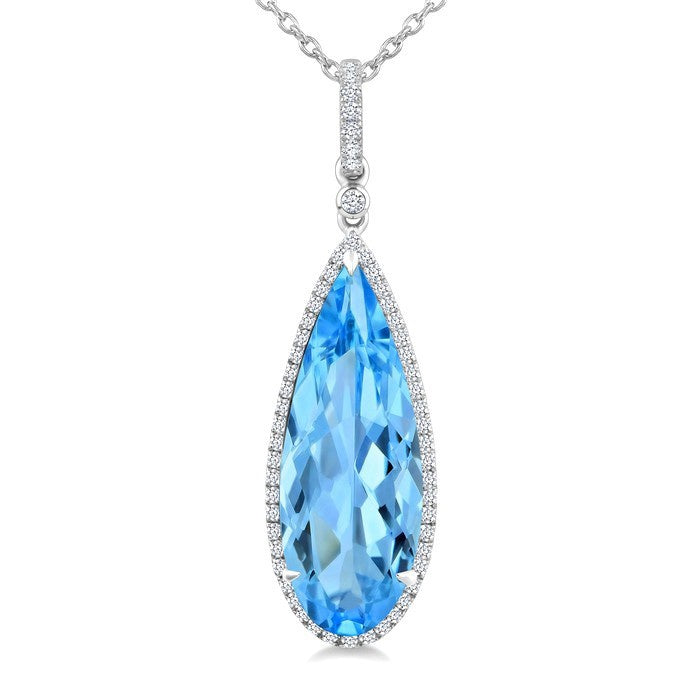 22X8 MM Evoque Gemstones Pear Shape Blue Topaz and 1/4 Ctw Round Cut Diamond Semi-Precious Pendant With Chain in 14K White Gold