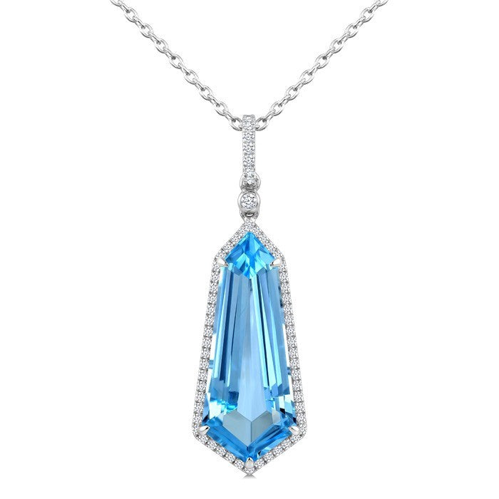 22X9 MM Evoque Gemstones Shield Shape Blue Topaz and 1/4 Ctw Round Cut Diamond Semi-Precious Pendant With Chain in 14K White Gold