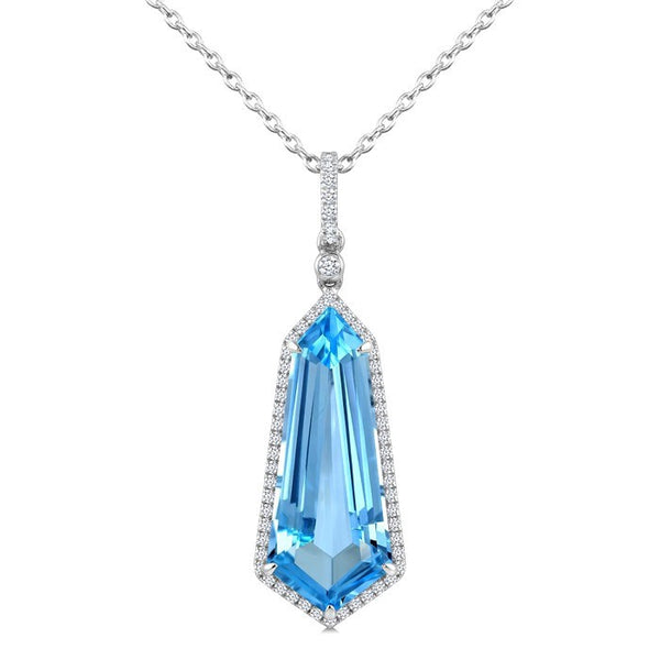 22X9 MM Evoque Gemstones Shield Shape Blue Topaz and 1/4 Ctw Round Cut Diamond Semi-Precious Pendant With Chain in 14K White Gold