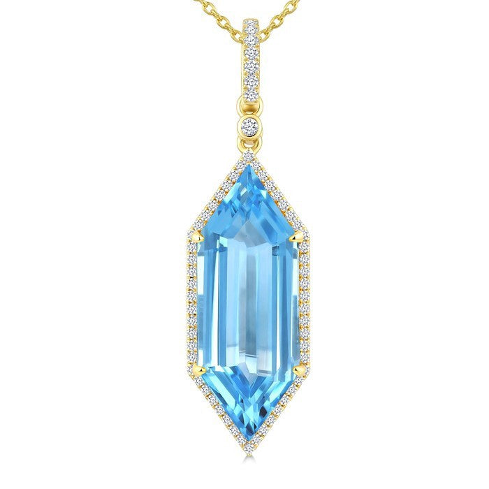 22X8 MM Evoque Gemstones Hexagon Shape Blue Topaz and 1/4 Ctw Round Cut Diamond Semi-Precious Pendant With Chain in 14K Yellow Gold