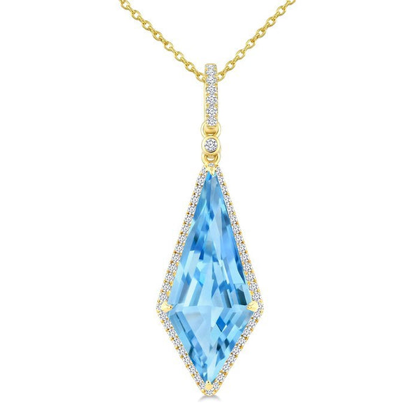 22X9 MM Evoque Gemstones Kite Shape Blue Topaz and 1/4 Ctw Round Cut Diamond Semi-Precious Pendant With Chain in 14K Yellow Gold