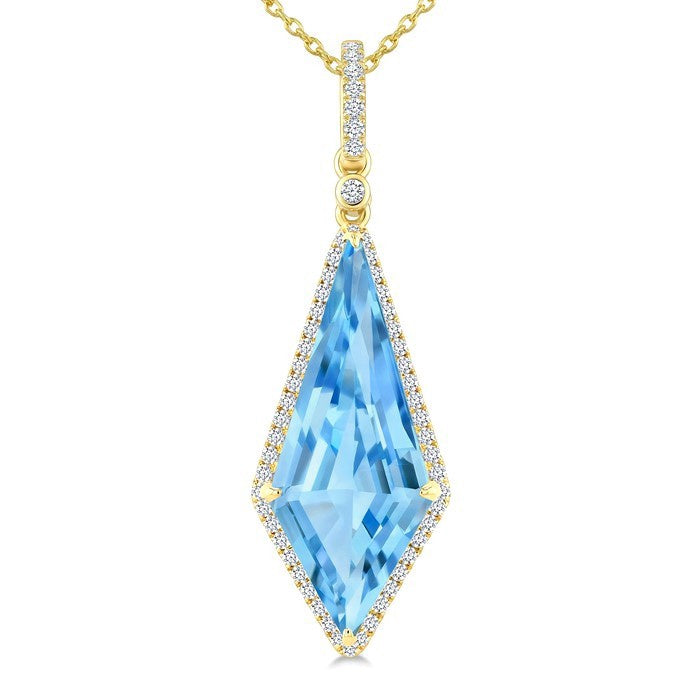 22X9 MM Evoque Gemstones Kite Shape Blue Topaz and 1/4 Ctw Round Cut Diamond Semi-Precious Pendant With Chain in 14K Yellow Gold