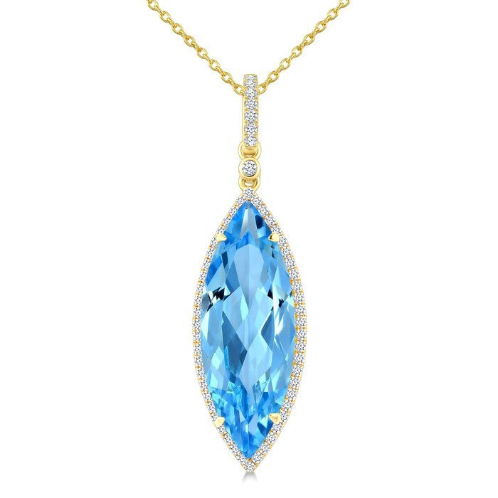 22X8 MM Evoque Gemstones Marquise Shape Blue Topaz and 1/4 Ctw Round Cut Diamond Semi-Precious Pendant With Chain in 14K Yellow Gold