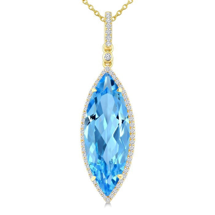22X8 MM Evoque Gemstones Marquise Shape Blue Topaz and 1/4 Ctw Round Cut Diamond Semi-Precious Pendant With Chain in 14K Yellow Gold