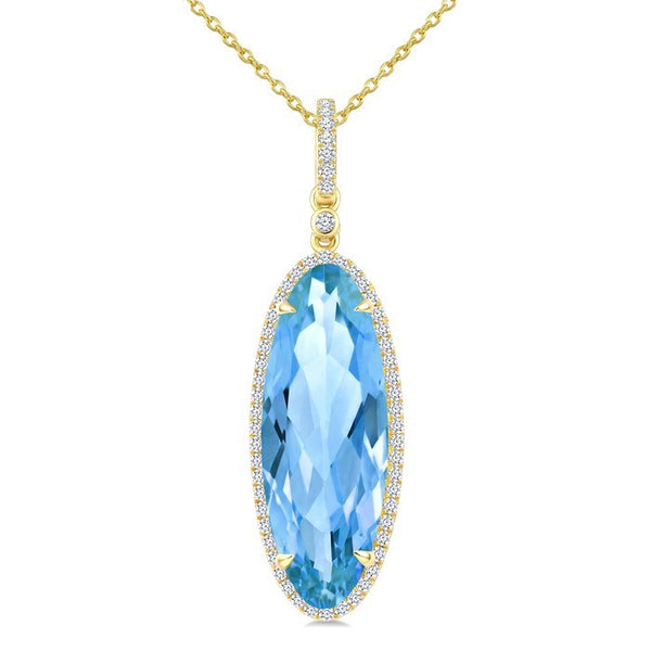 22X8 MM Evoque Gemstones Oval Shape Blue Topaz and 1/4 Ctw Round Cut Diamond Semi-Precious Pendant With Chain in 14K Yellow Gold