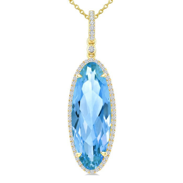 22X8 MM Evoque Gemstones Oval Shape Blue Topaz and 1/4 Ctw Round Cut Diamond Semi-Precious Pendant With Chain in 14K Yellow Gold