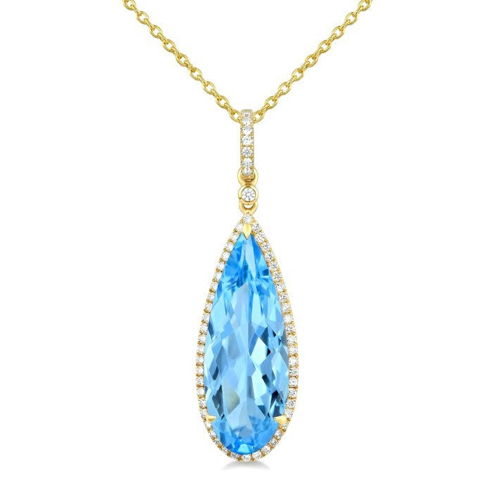 22X8 MM Evoque Gemstones Pear Shape Blue Topaz and 1/4 Ctw Round Cut Diamond Semi-Precious Pendant With Chain in 14K Yellow Gold