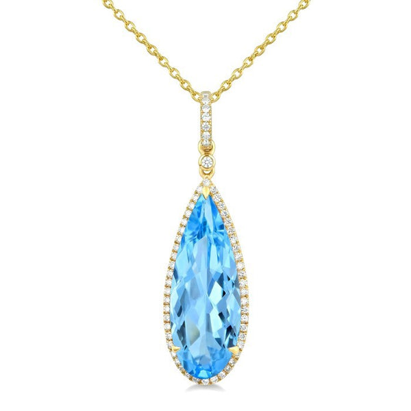 22X8 MM Evoque Gemstones Pear Shape Blue Topaz and 1/4 Ctw Round Cut Diamond Semi-Precious Pendant With Chain in 14K Yellow Gold