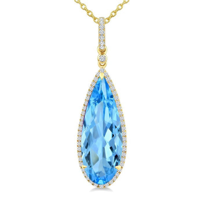 22X8 MM Evoque Gemstones Pear Shape Blue Topaz and 1/4 Ctw Round Cut Diamond Semi-Precious Pendant With Chain in 14K Yellow Gold