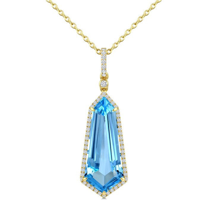 22X9 MM Evoque Gemstones Shield Shape Blue Topaz and 1/4 Ctw Round Cut Diamond Semi-Precious Pendant With Chain in 14K Yellow Gold